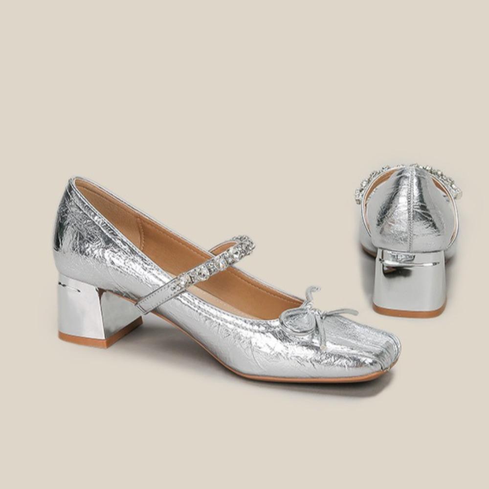 Fashion Mary Jane Shoes High Heels Women's High End Summer Thick Heels Single Shoes Square Head Bow Women's Shoes Rear Empty Sandals