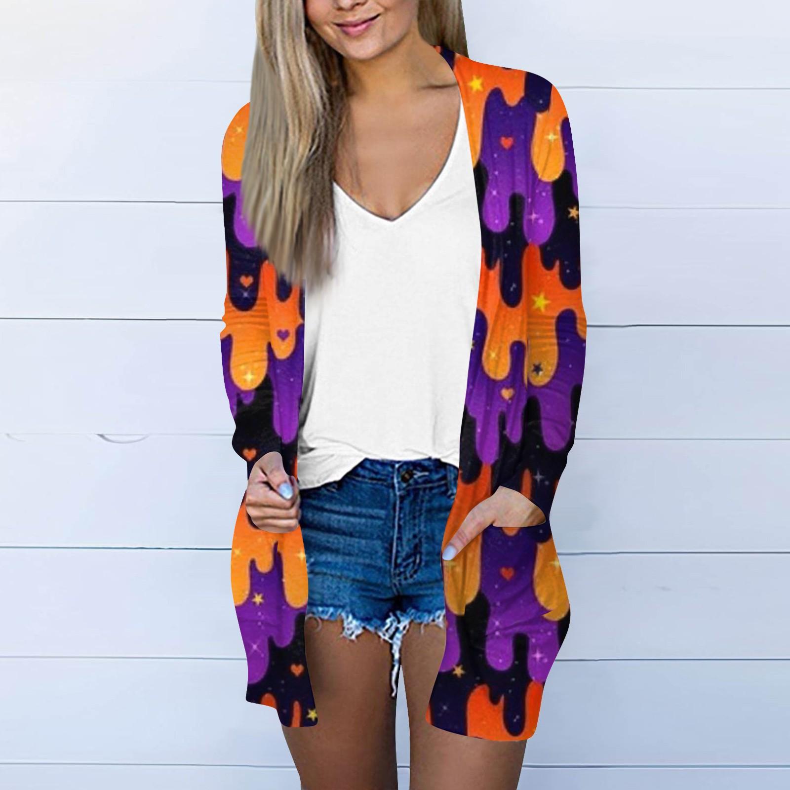 

Женская мода, повседневный кардиган с принтом на Хэллоуин, средней длины, куртка, пальто XXL фиолетовый