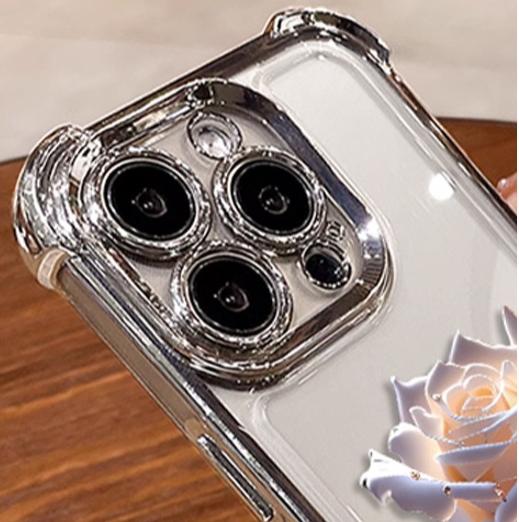 Crystal Rose Electrode Plating Anti-fall Case Suitable for iPhone 16 15 14 13 12 11 Pro/ Max/Plus Shockproof Back Cover