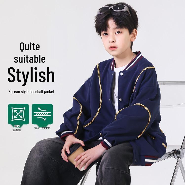 2026 Retro High Street Baseballjacke für Jungen mit Stickerei - Schwere Freizeit-Frühlings-/Herbst-Oberbekleidung