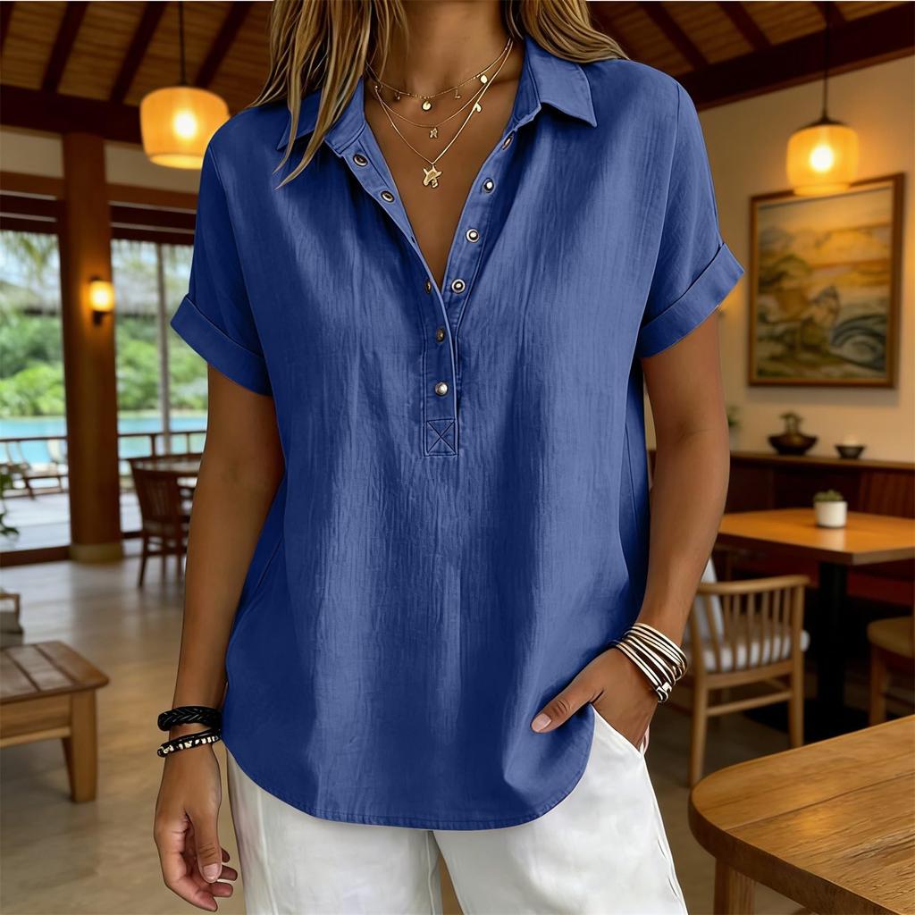 Womens Loose Fit V Neck Blouse Casual Cotton Linen Short Sleeve Shirt Button Down Lightweight Top for Daily Wear