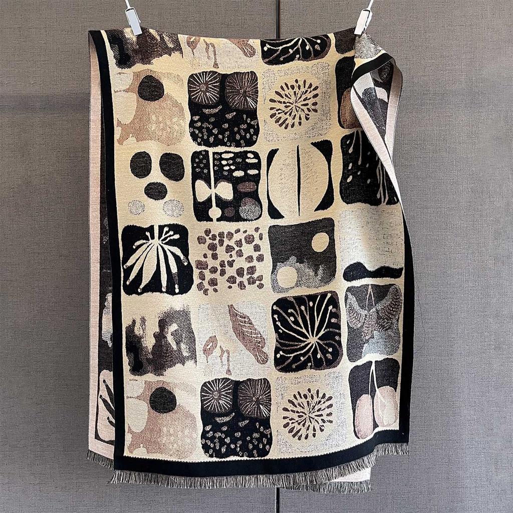 Autumn and Winter Imitation Cashmere Warm Jacquard Short Beard Fringed Scarf Feminine Geometric Plant Plaid Printing Scarf Shawl Batch