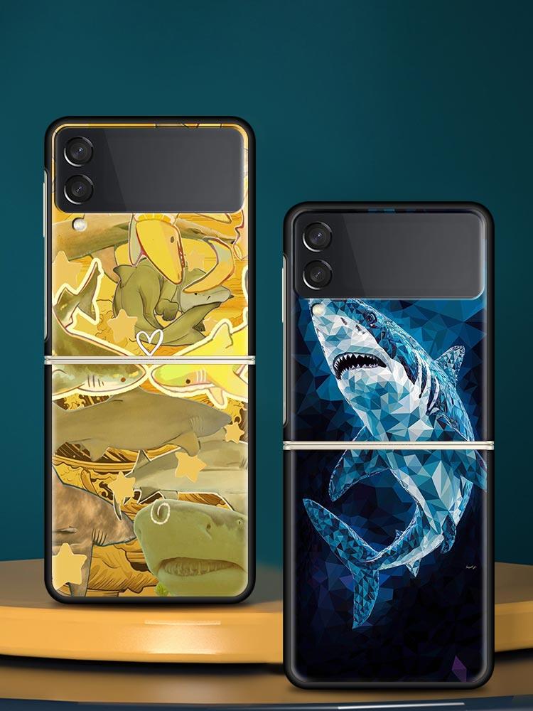 Seaside Sharks Pattern Hard PC Phone Case For Samsung Galaxy Z Flip 7 6 5 4 Black Cover For Galaxy Z Flip 3 Foldable Shell Capas