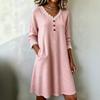 Women's Color V-Neck Sweater Dress with Lace Trim, Button and Two Pockets