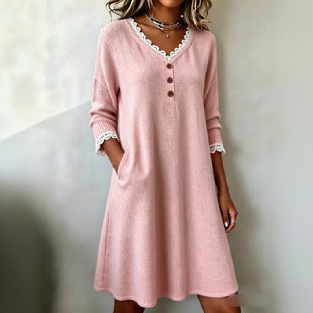 Women's Color V-Neck Sweater Dress with Lace Trim, Button and Two Pockets