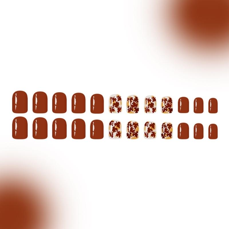 24 Stück Aufdrück-Nagelspitzen Europäischer Stil Ahornblatt Kurz Quadratische Form Künstliche Fingernägel mit Glanzbeschichtung