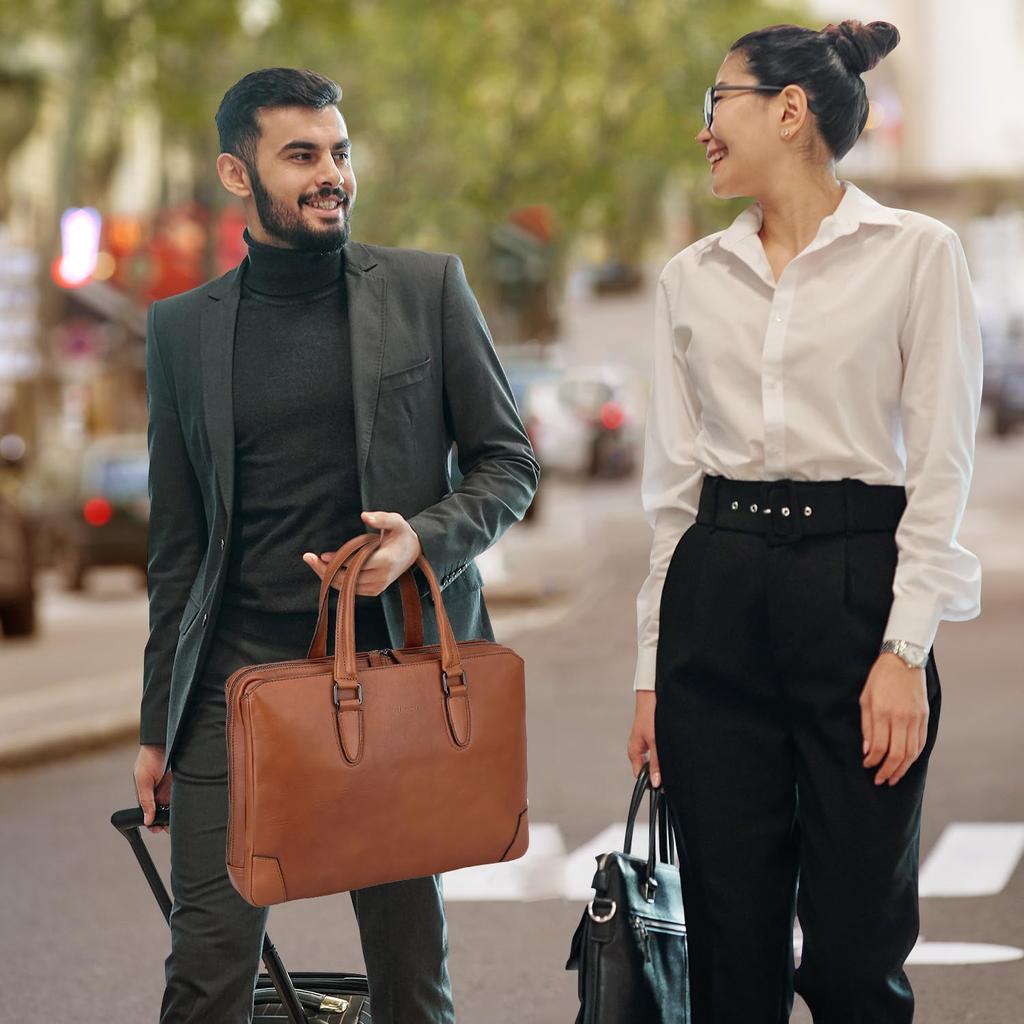 Vannus Men's Genuine Leather Briefcase, Business Attache Case, Fits A4 Size and 14-inch Laptops, Freestanding, Brown