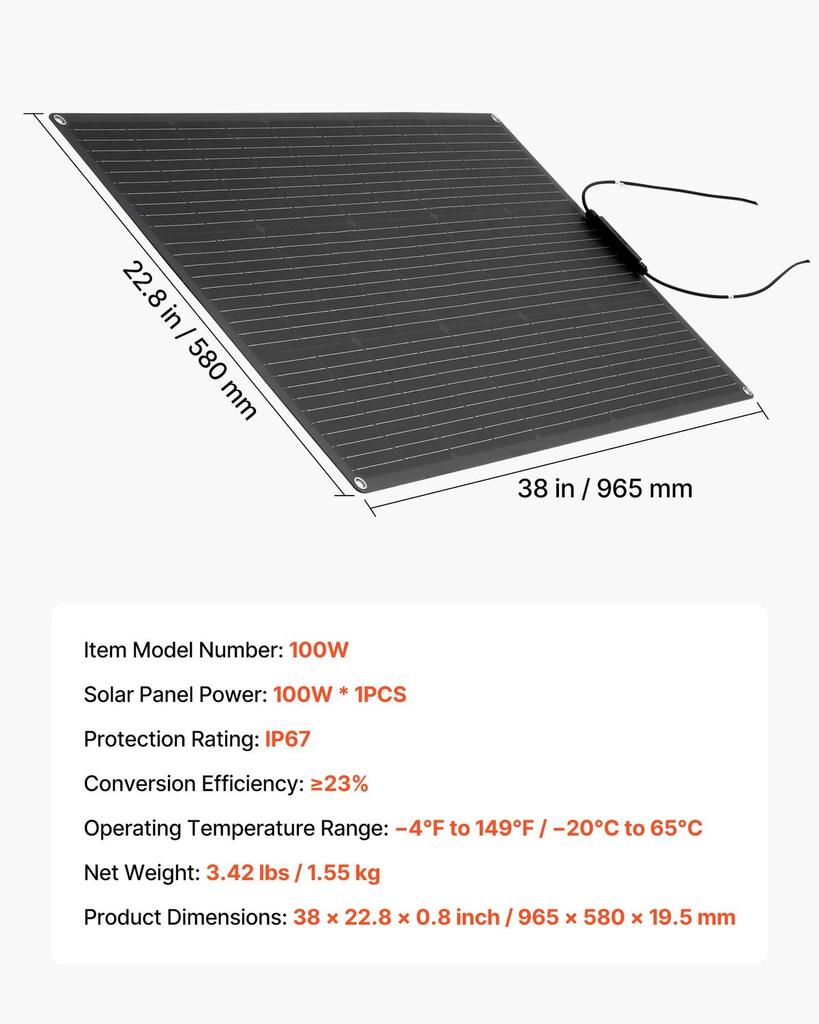 Flexible Solar Panel, 100W Semi-Flexible Bendable Monocrystalline Solar Panel, 23% Efficiency Mono Off-Grid Charger with MC4 Output, IP67 Waterproof