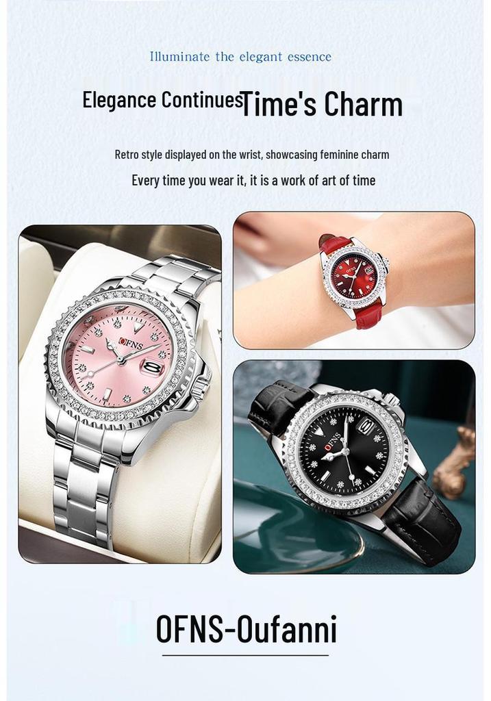 OFNS Women's Casual Luxury Quartz Watch with Calendar and Diamond Accents
