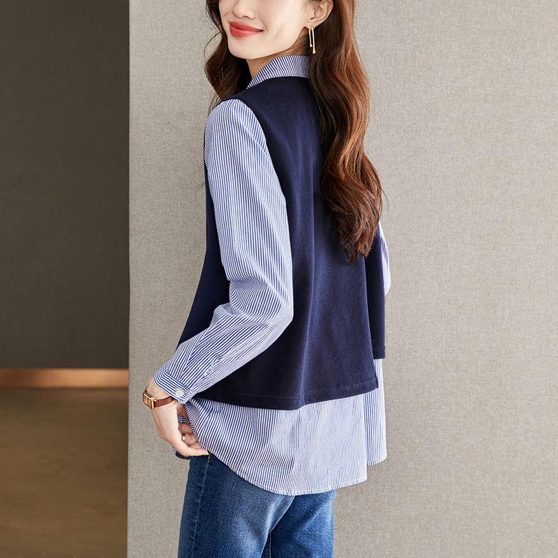 New Blue Stripe Splicing Fake Two Piece Shirt for Women with a Casual Design Long Sleeved Shirt Top