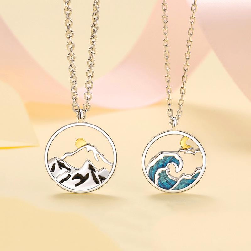 Couple BFF Necklaces Matching Set for 2, Mountain and Sea, Sun and Moon Pendant, Gift for Couples Best Friend Friendship Jewelry