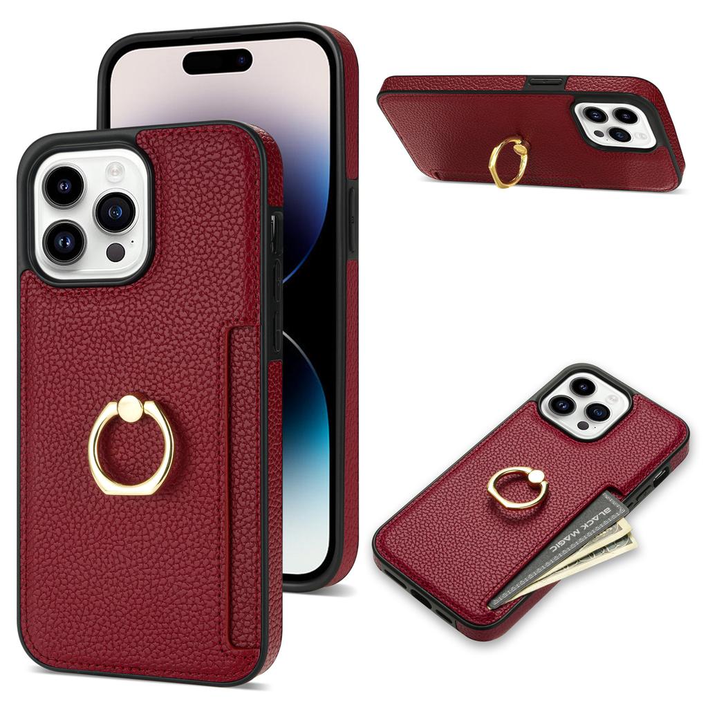 Compatible with iPhone 16 Case, 17 Pro Litchi-patterned Ring Buckle Stand, Card Slot, Wallet, Shockproof Case, 14 Plus