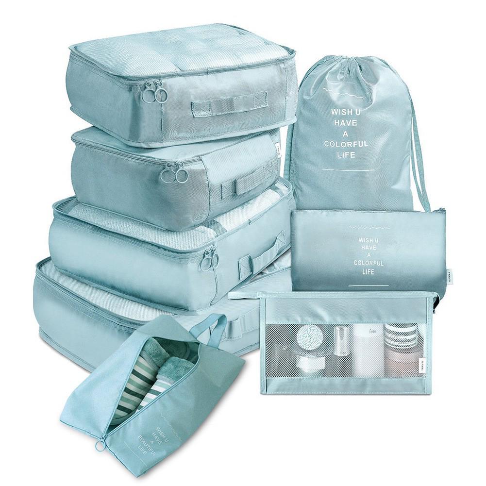 Eight-Piece Travel Organizer Set: Storage Bags & Makeup Bag for Clothes and Accessories.