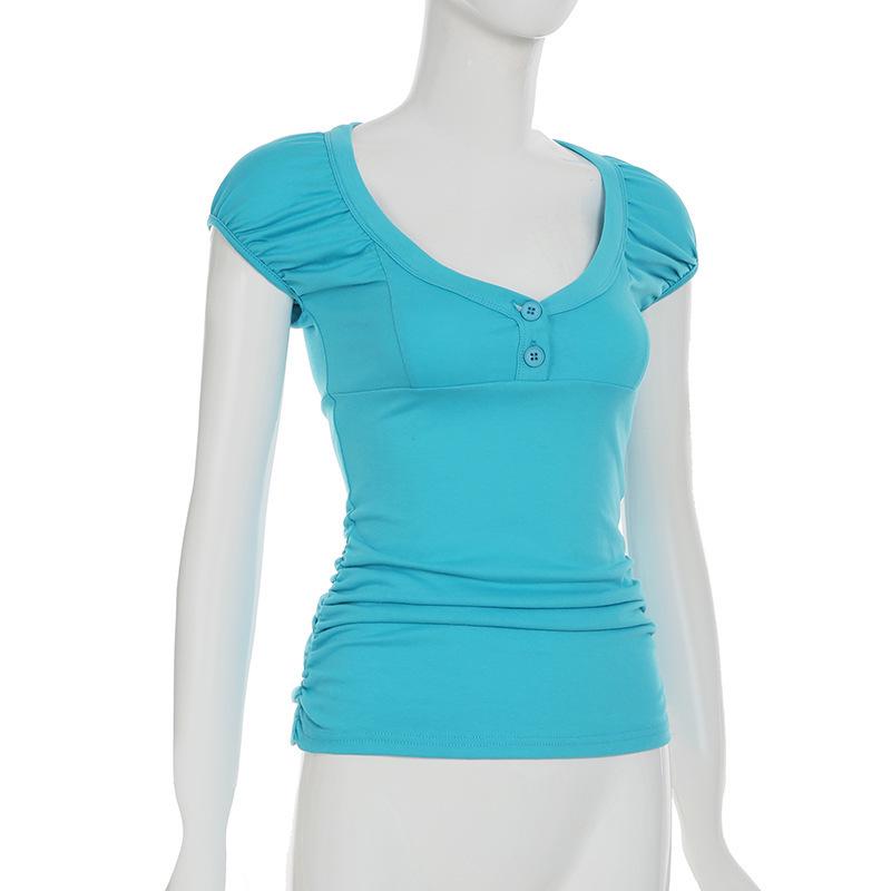 Europäischer & Amerikanischer Stil Schlank geschnittenes T-Shirt mit Puffärmeln und Knöpfen - Süßes, Würziges, Sexy Sommer Top