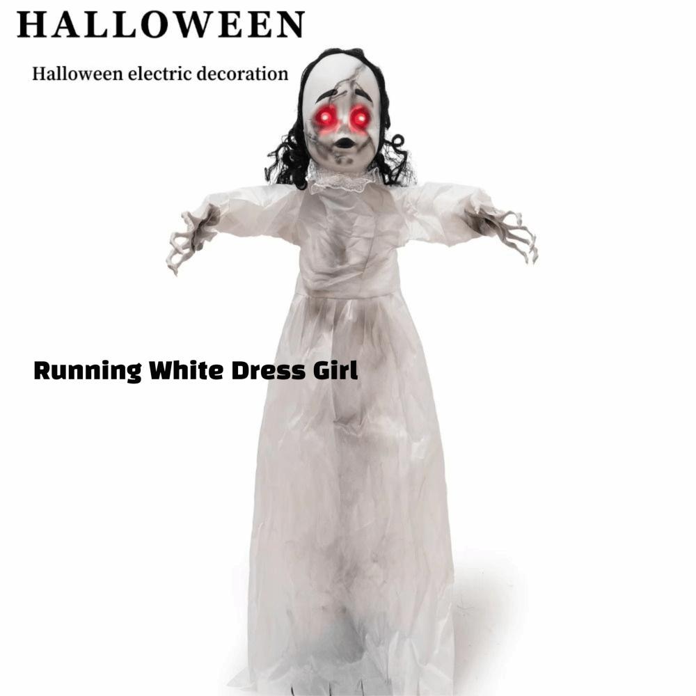 White Clothes Swing Hanging Ghost Walking Girl Doll Sound Activated Outdoor Prop Scary Doll Party