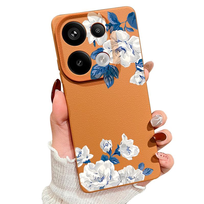 White Gardenia Floral Pattern Case For Xiaomi 14T 13T 11T Pro Funda Redmi Note 14 13 12 11 Pro 5G 4G Leather Texture Silicone Cover