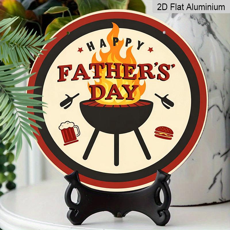 2D Flat, 1pc Round Aluminum Hanging Sign - Happy Father's Day BBQ Grill Metal Wall Art, Father's Day Themed Decor Sign, Retro Beer & Burger Design
