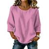 Women's Casual Solid Color Round Neck Three Quarter Sleeve Linen Cotton Blend Top Lightweight Comfortable Loose Fit Blouse for Everyday Wear