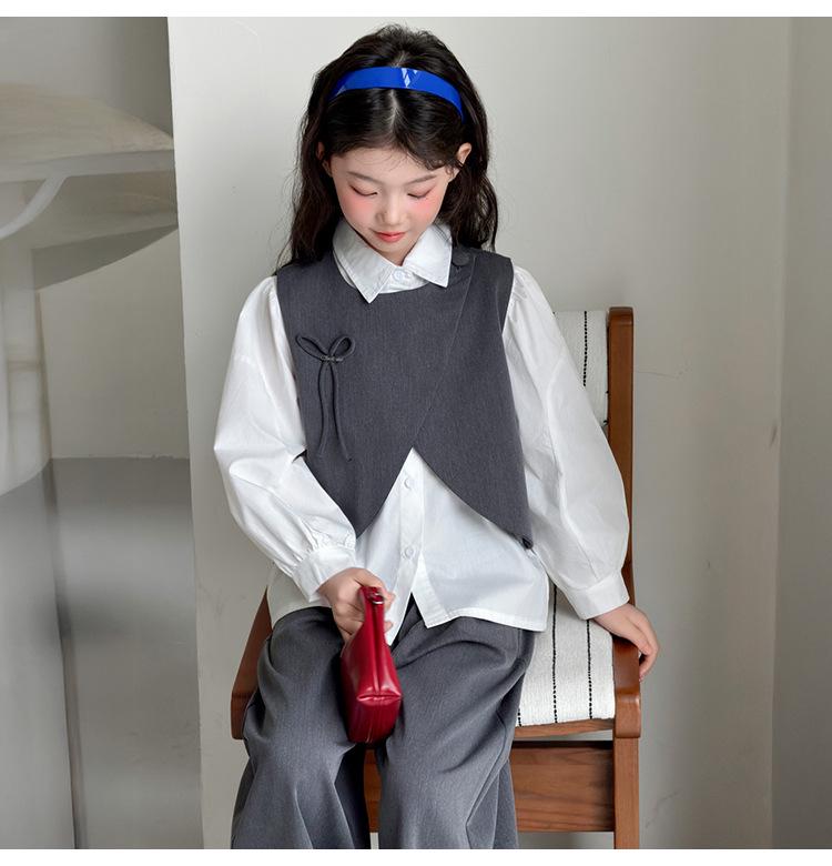 2026 Girls' Spring Academy Style Three-Piece Outfit: Bow Vest, Shirt & Suit