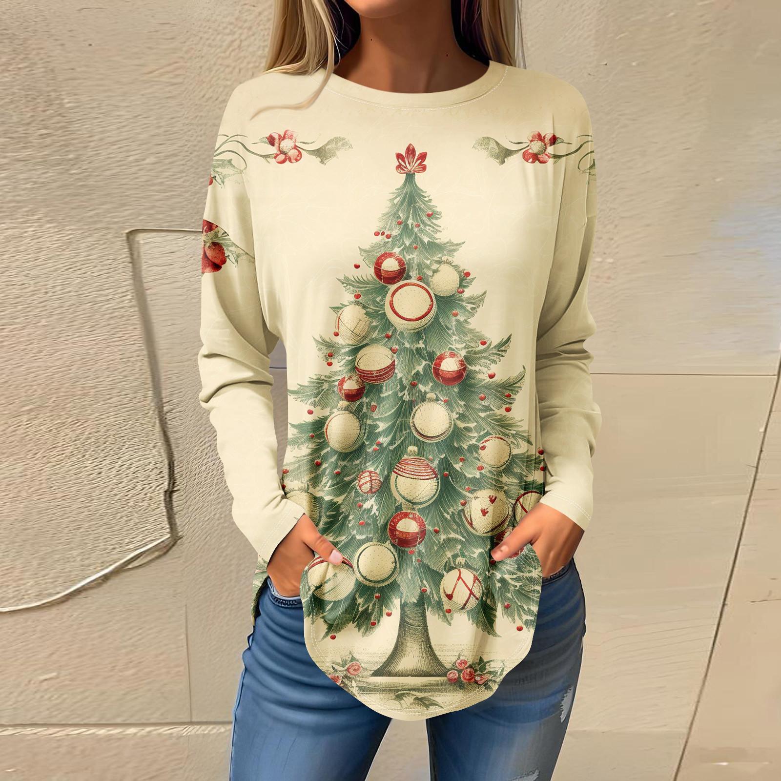 

Футболки для женщин, осенние повседневные рубашки с длинными рукавами, толстовка с ретро-принтом, топ для рождественской вечеринки, пуловер XXXL