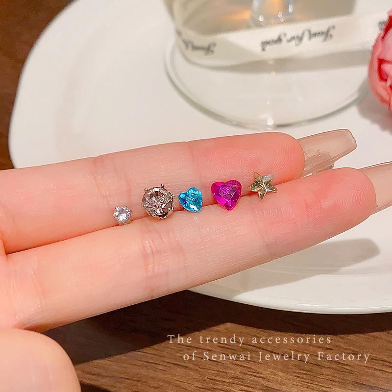 Five-piece set of stars, love, colored diamond stud earrings, women s ins tide light luxury niche earrings, high-end earrings.