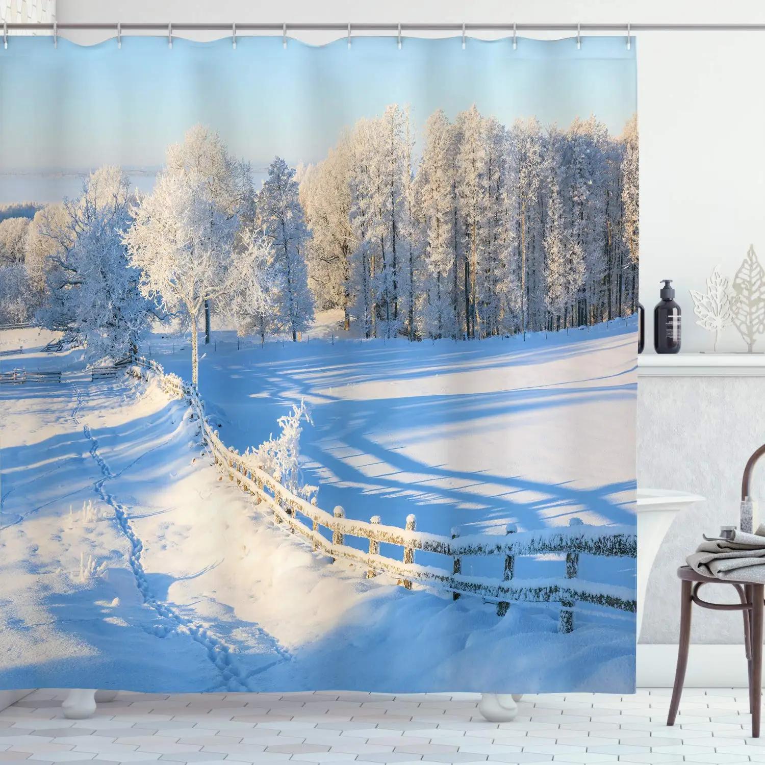 

Winter Landscape Shower Curtain Cold Season Scenery Snow Mountain Peaks And Snowy Coniferous Pine Trees Bathroom Decor Screen W60H190(CM)-1 Pcs