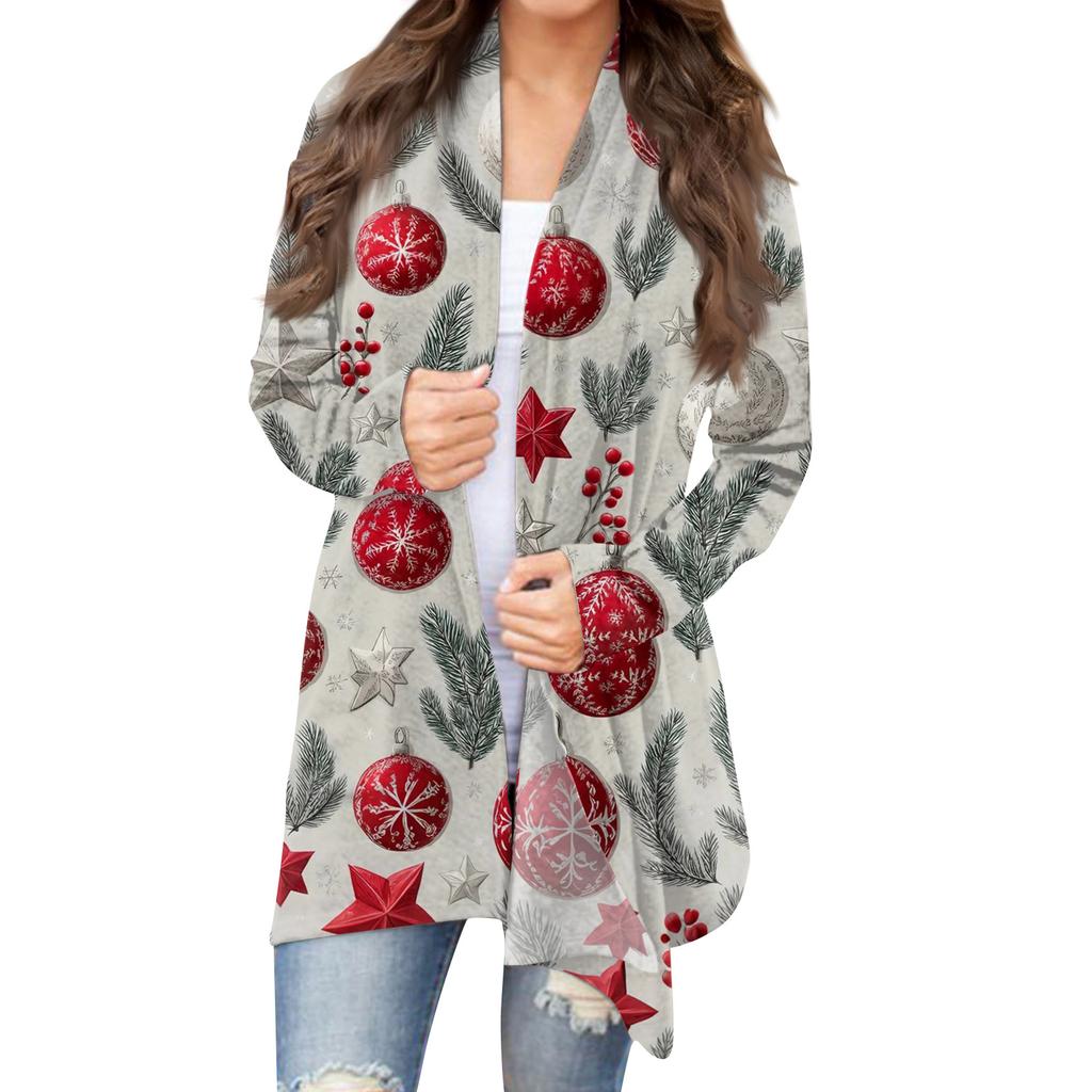 Women's Fashion Christmas Print Jacket Long Sleeve Casual Cardigan Coat