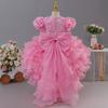 Rochie elegantă pentru copii cu mâneci bufante, broderii, o trenă și o fustă de prințesă pe straturi – perfectă pentru petreceri de ziua de naștere și ca rochie de domnișoară de onoare