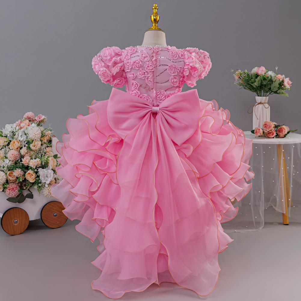 Rochie elegantă pentru copii cu mâneci bufante, broderii, o trenă și o fustă de prințesă pe straturi – perfectă pentru petreceri de ziua de naștere și ca rochie de domnișoară de onoare