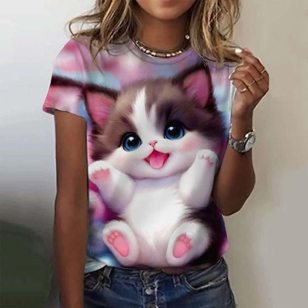 Women's Round Neck Short Sleeved T-shirt with Digital Printing, Cat Casual Short Sleeved T-shirt