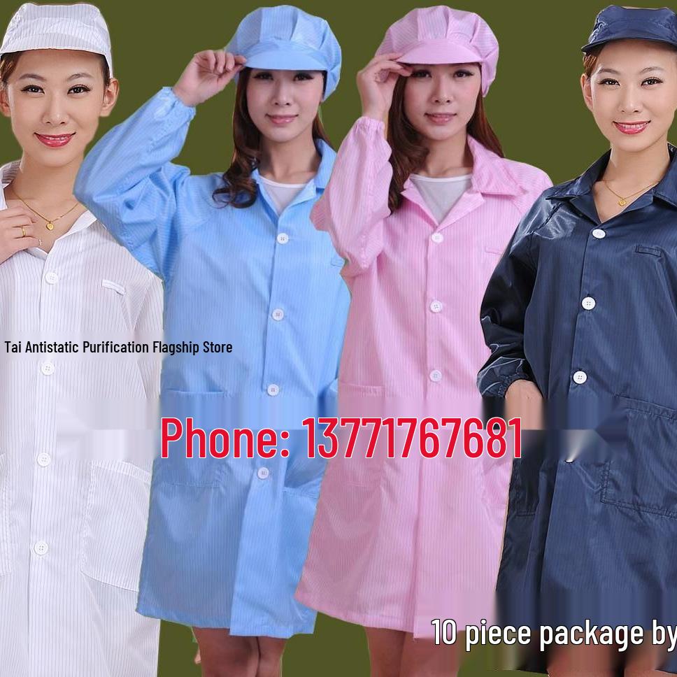 Antistatic Dustproof Long Sleeve Cleanroom Coat - Protective Workwear in White/Blue