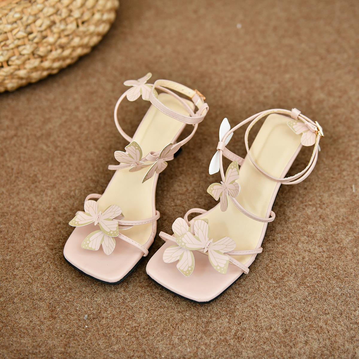 

Сандалии с квадратным носком, летние новые, на шпильке, на одном слове, с бабочкой-цветком, сандалии с открытым носком 37 розовый