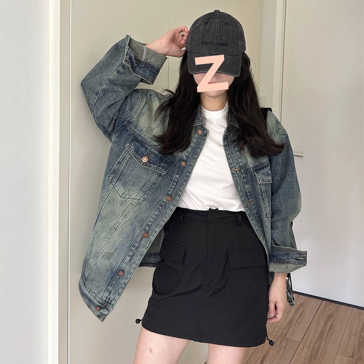 

Женская джинсовая куртка оверсайз в винтажном стиле, с длинными рукавами, корейский BF тренд, ранняя осень 2025 S джинсовый синий