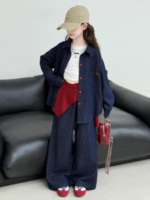 Autumn Korean Style Denim Shawl Set for Girls - Two-Piece Outfit with Long Pants for Middle and Big Kids.