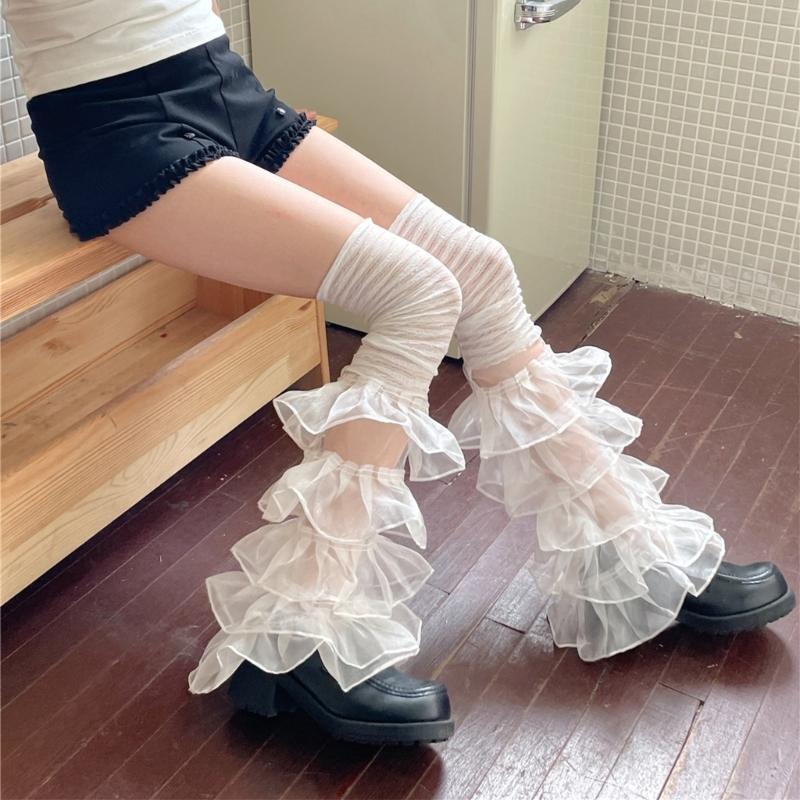 Women Ruffle Lace Leg Warmer Sweet Thigh High Socks Mesh Flared Leg Socks Princess Leg Sleeves Halloween Costumes