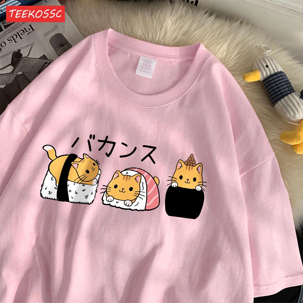 Fashion Women T-Shirts Japanese Cute Cat Sushi Printing Short Sleeve Oversize O-Neck Soft Summer Casual Female Clothes