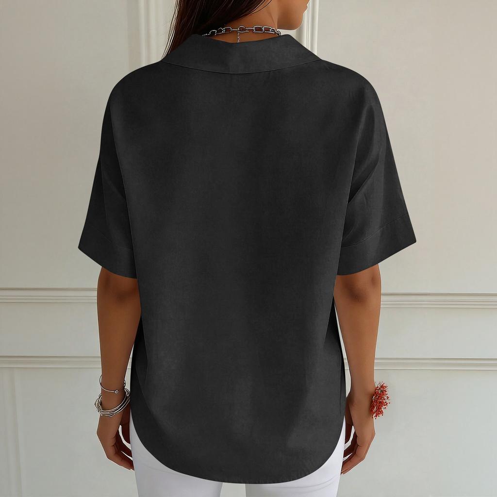 Chemise à manches courtes boutonnée et col pour femme -couleur