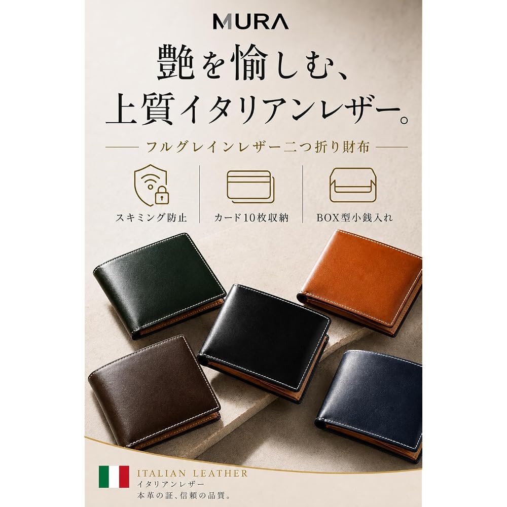 Men's Bi-fold Wallet, Italian Leather, Deepening Sheen and Rich Aging, Slim Design, Anti-Skimming,