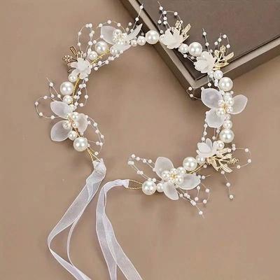 Čelenka pre nevestu s umelými perličkami a kvetmi, s krásnym dizajnom kvetinového venca, tenký závoj, vlasové doplnky na svadbu, Boho mašľová tiara