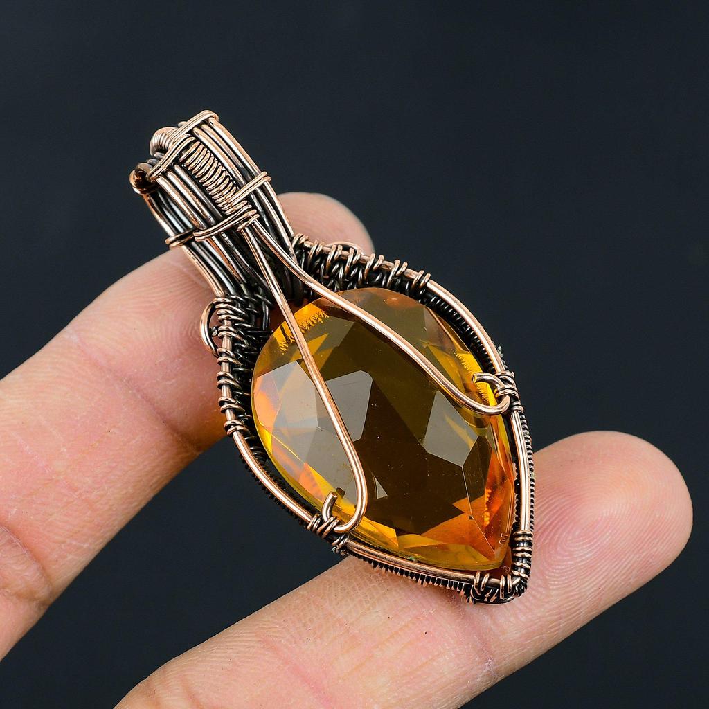 Handmade Copper Wire Wrapped Citrine Pendant Unique Teardrop Gemstone  Pendant Jewelry for Women, Artisan Boho Style Gift for Her