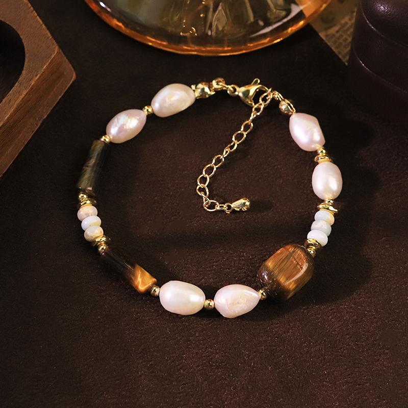Natural Freshwater Pearl Tiger Eye Beaded Adjustable Bracelet for Women Daily Office Party Pearl Bracelet Bohemian Jewelry