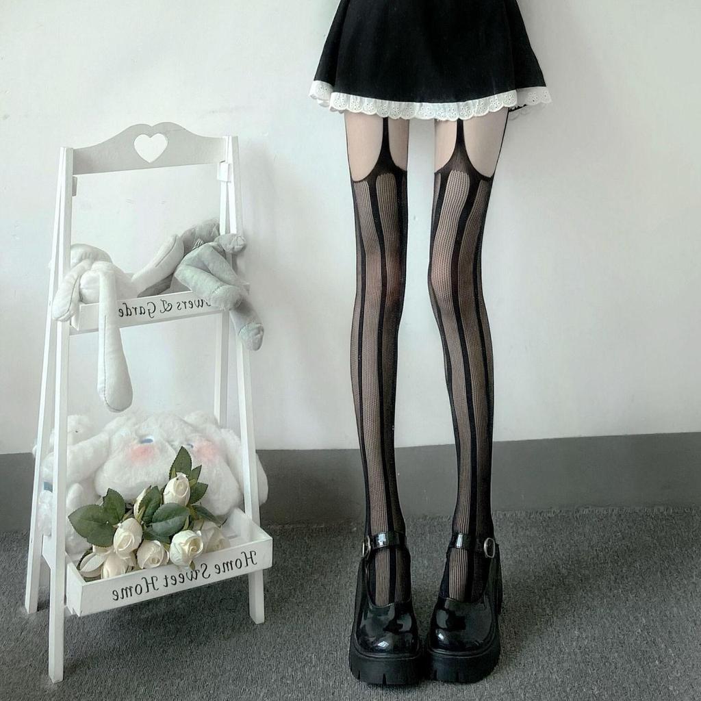 Vintage Black Silk Suspender Fishnet Stockings - Slim, Ripped Over-the-Knee for Spring & Autumn