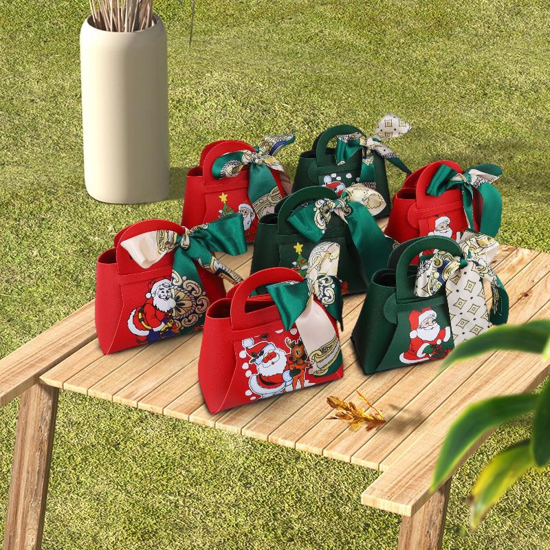 1PC Xmas Party Decor Hand Gift Bag Christmas Candy Boxes Santa Claus Print PU Leather Candy Box
