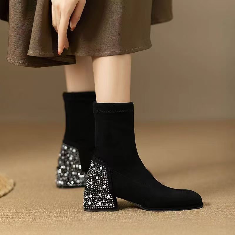 

Fashion high-heeled Martin boots for women 2025 autumn and winter rhinestone thick heel thin shoes versatile sleeve elastic short boots single boo 35