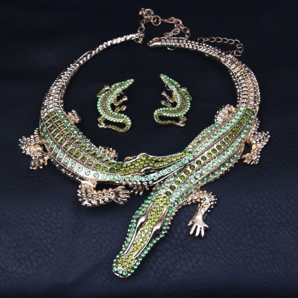 Vintage Übertriebene Krokodil Halskette Ohrringe Set mit Diamant Personalisierter Kragen Damen Accessoires