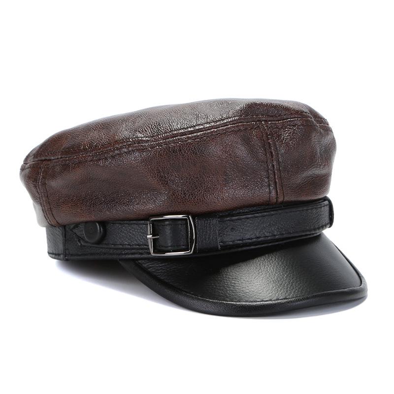 Cappello da Capitano da Motociclista in Vera Pelle da Uomo - Berretto Rock Navy per Autunno/Inverno