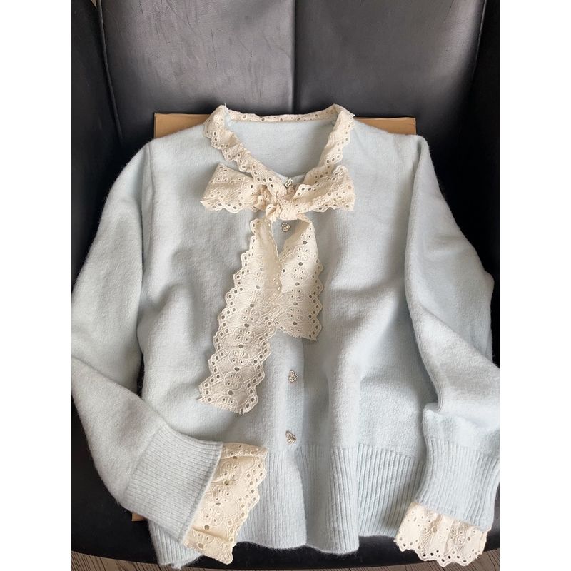 

Blue Lace Bow V-neck Sweater Knit Women Spring and Autumn Milk Huhoo Wear Sweet Soft Glutinous Long sleeve Top Light blue XL