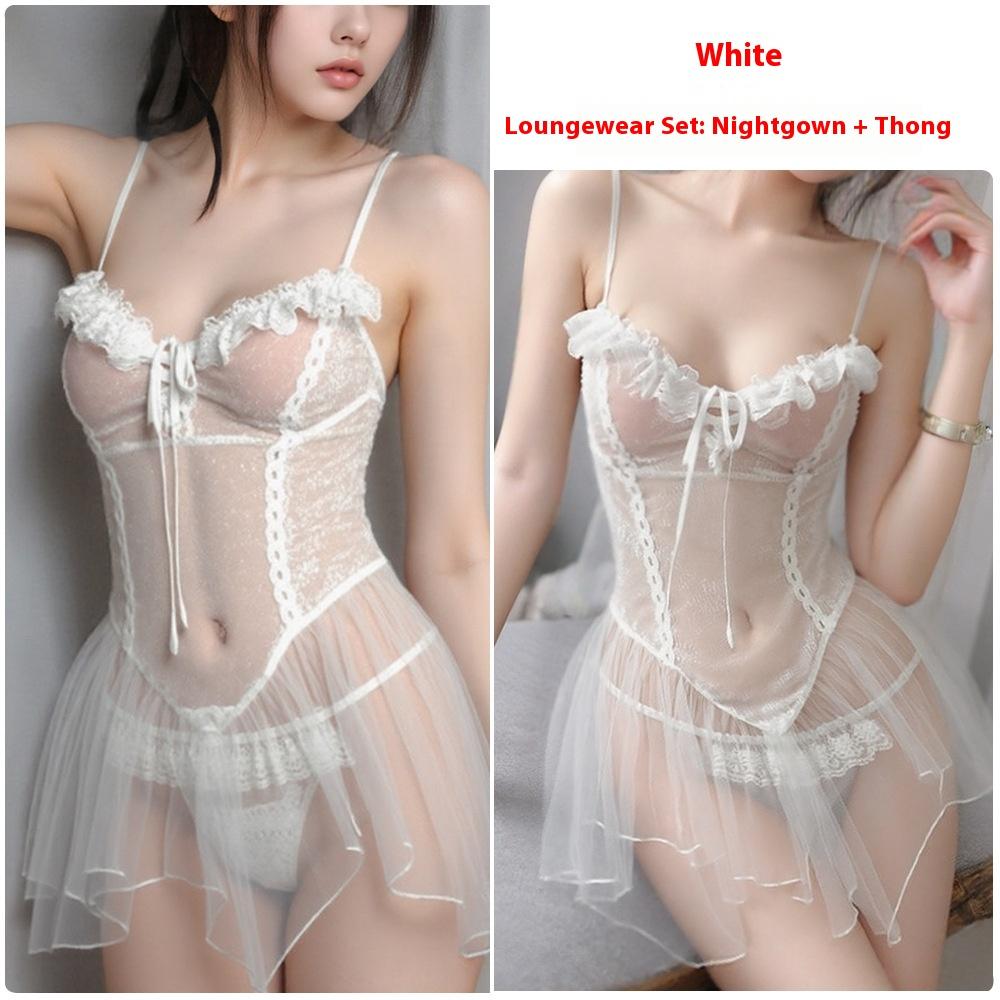 Sexy Lingerie Sexy Lace Mesh Splicing Perspective Dress Deep V Flirting Bed Female Seduction Nightgown Pure Passion
