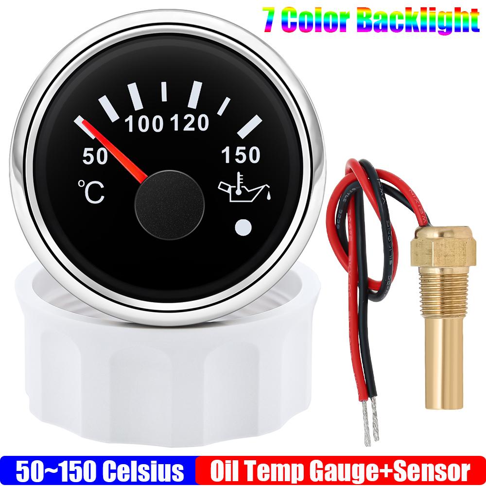 7 Color LED 52mm Oil Temperature Gauge with Sensor for Auto Car Waterproof Oil Temp Meter with Alarm Marine Yacht 12V24V Custom