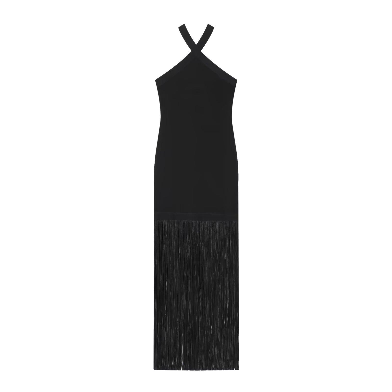 European and American style, new women s clothing, foreign style, classic, neck-hanging off-the-shoulder elastic fringed dress S чёрный